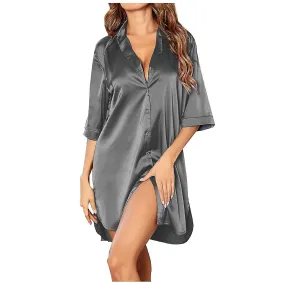 Chic Solid Silk Satin Sleeve Button Notched Neck Nightgown