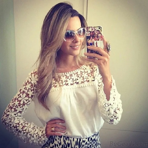 Hollow Lace Long Sleeve Chiffon Blouses Shirts