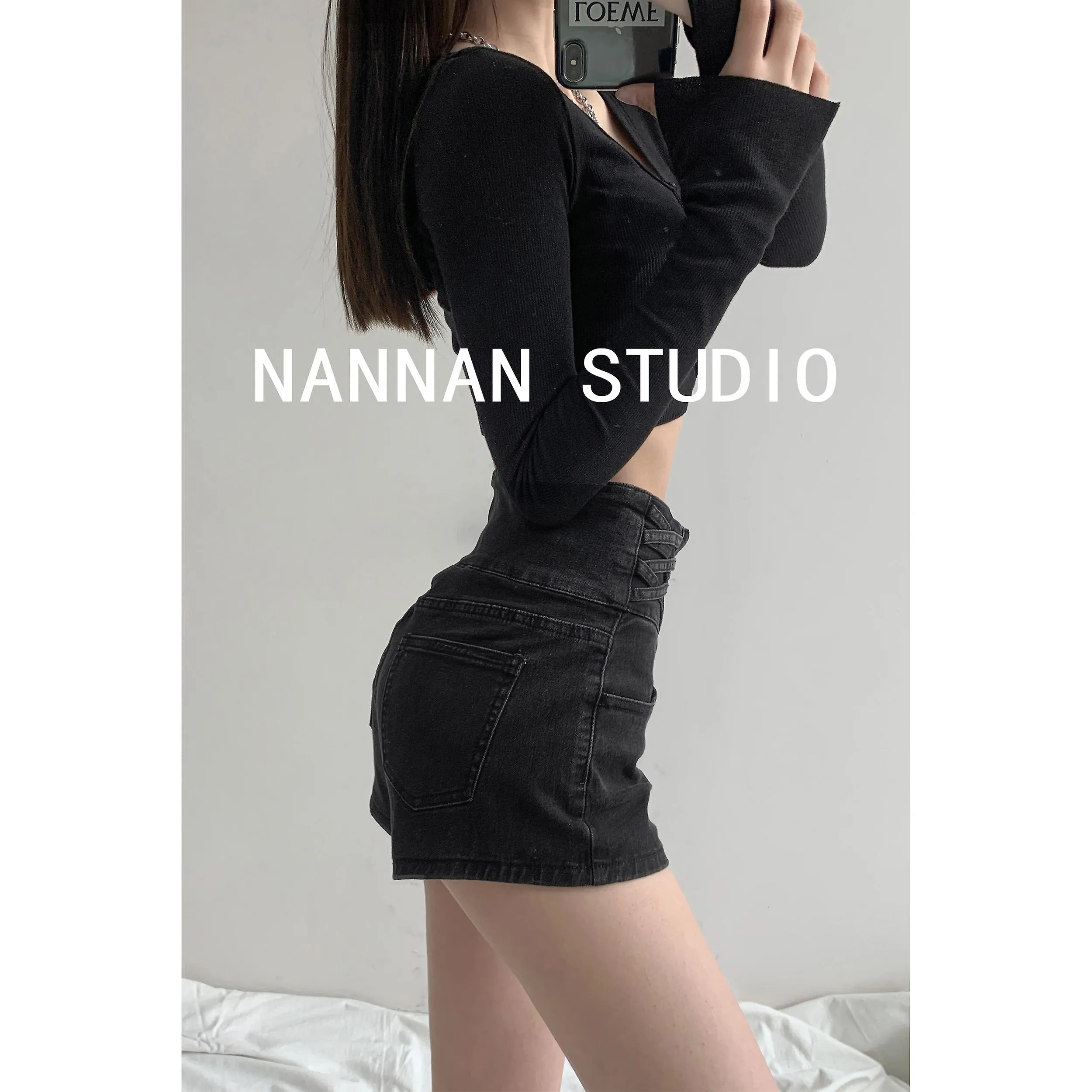 Hot Girl Small Waist Cross Woven Ultra High Waist Belly Contracting Denim Shorts Women's All-match Hip Lifting Loose Wide Le