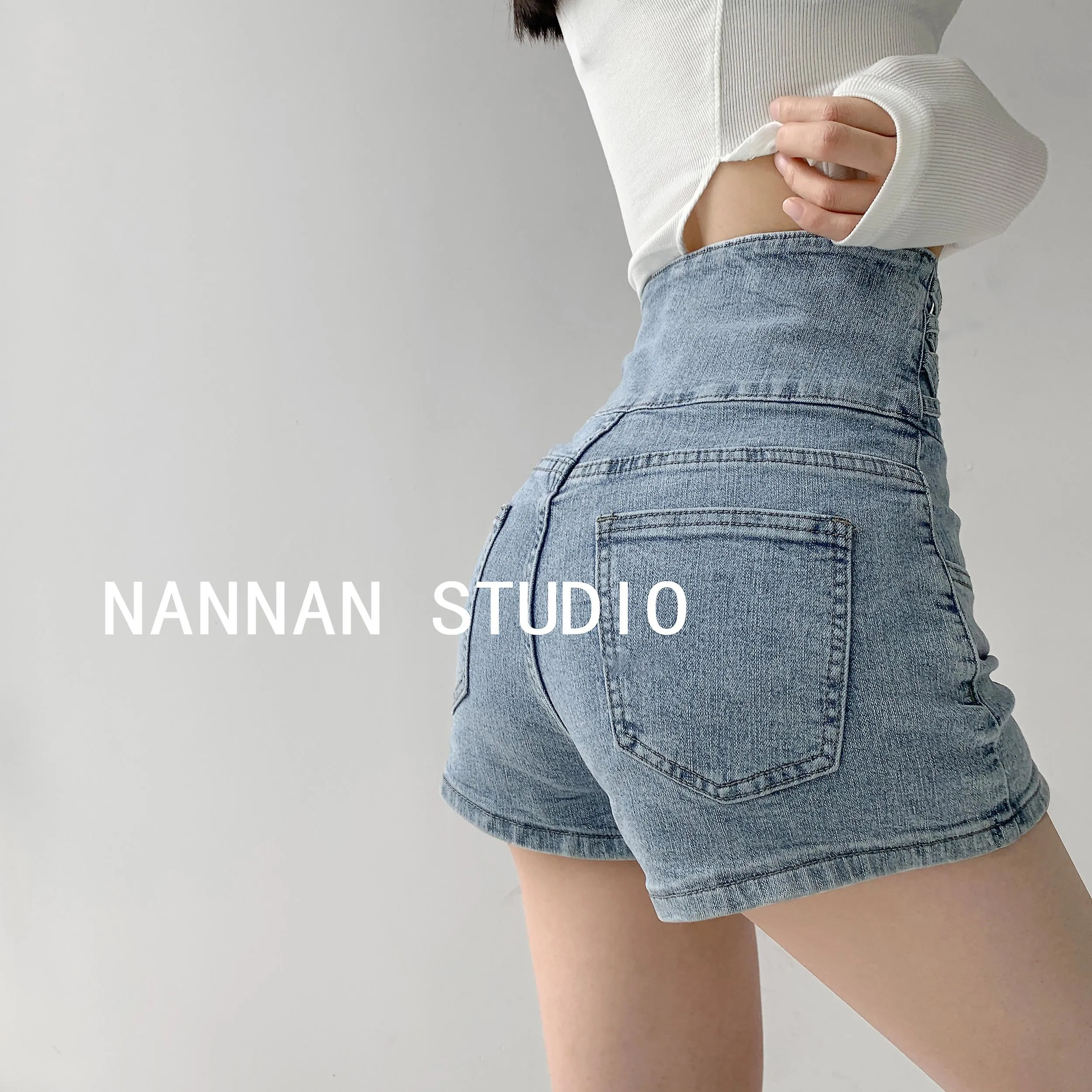 Hot Girl Small Waist Cross Woven Ultra High Waist Belly Contracting Denim Shorts Women's All-match Hip Lifting Loose Wide Le