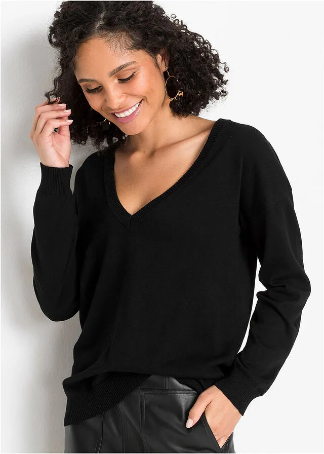 Jersey con cuello en V, oversize Negro