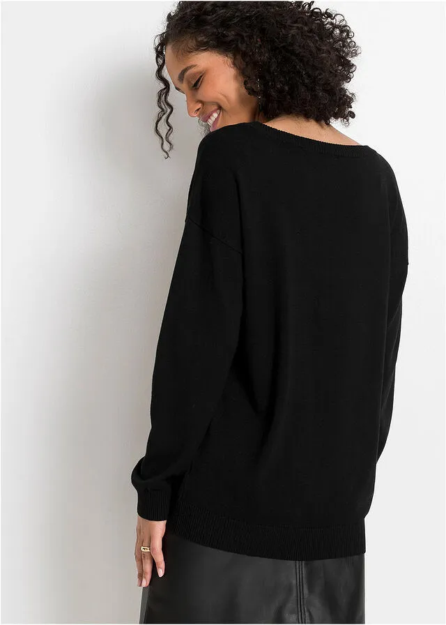 Jersey con cuello en V, oversize Negro