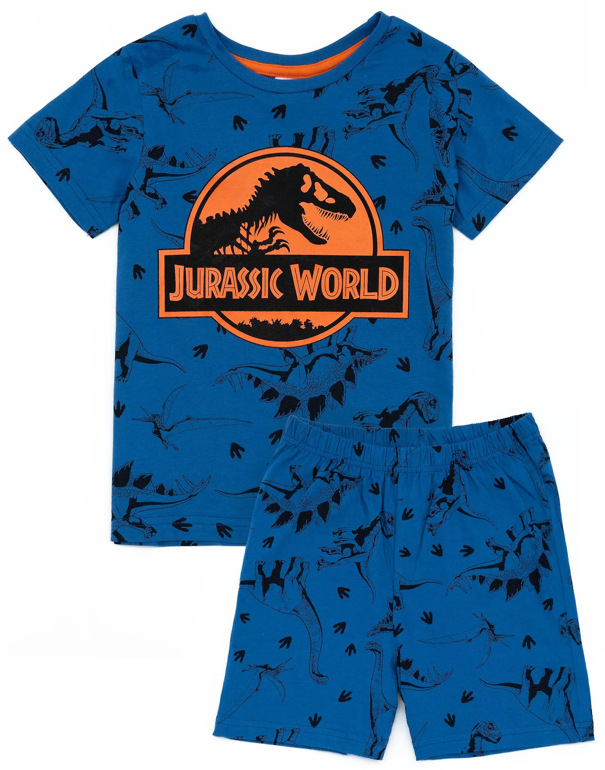 Jurassic World Boys Short Sleeve Short Leg Pyjama Set Blue Scattered Dino Print