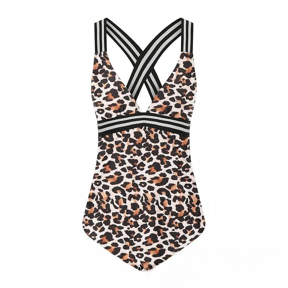 Leopard Fanciable 1-piece Bikini, Black and White Striped Cross Shoulder Strap, Womens V Strappy Front (M)