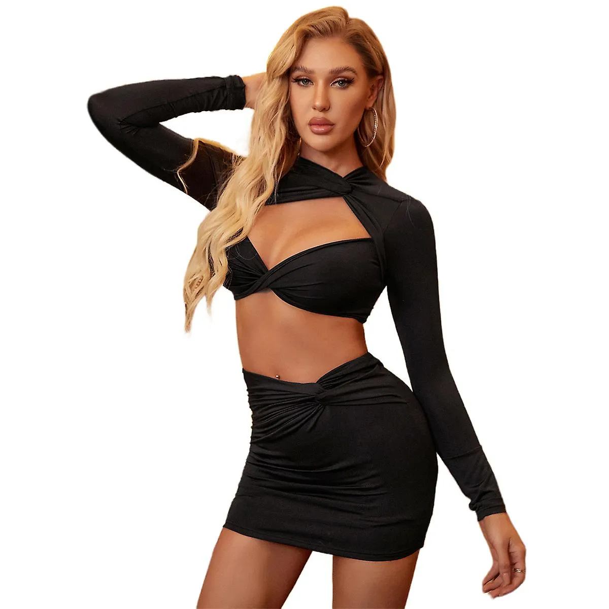 Long Sleeve Crop Top Twist Front Skirt Bodycon Two Pieces Suits