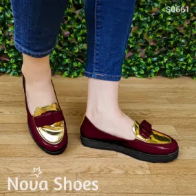 Mocasin de charol con chongo y decorado con charol dorado enfrente