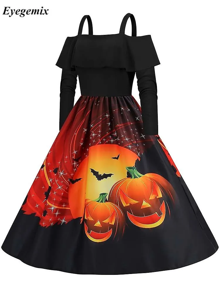 Otwoo Women Vintage Long Sleeve Halloween Dress 1950s 60s Elegant Spaghetti Strap Evening Party Prom Costumes