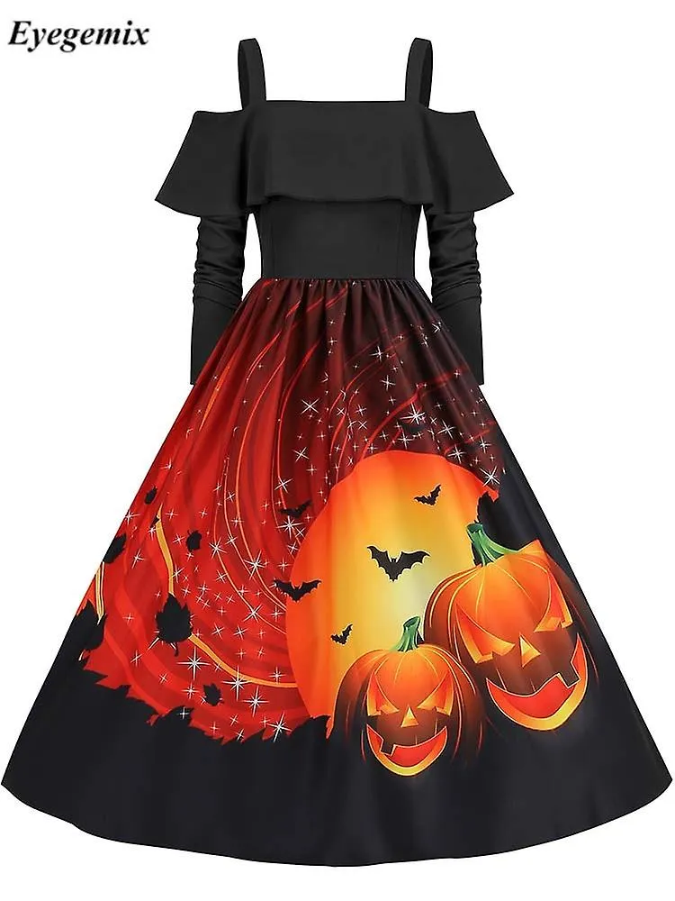 Otwoo Women Vintage Long Sleeve Halloween Dress 1950s 60s Elegant Spaghetti Strap Evening Party Prom Costumes