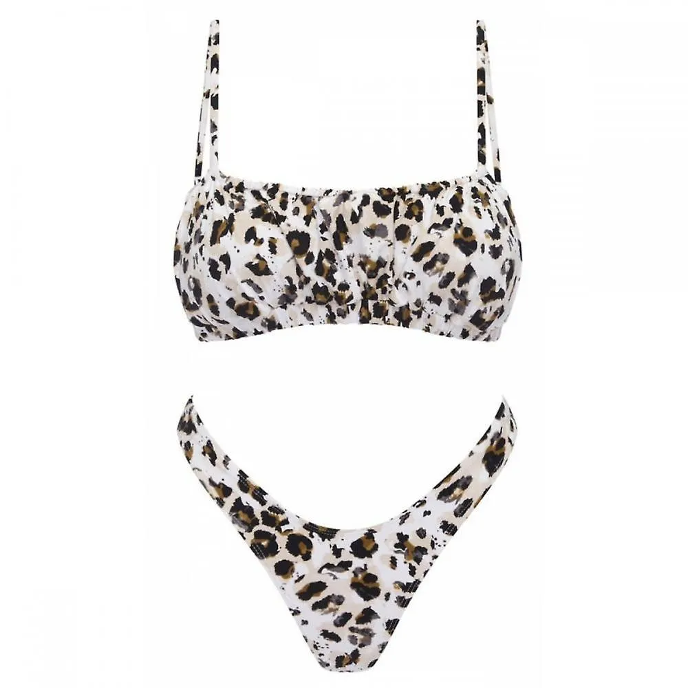 Pleated Suspender Swimsuit Sexy Leopard Print Bikini Women's Chinlon 2-piece, Suitable for Small Chest (s)