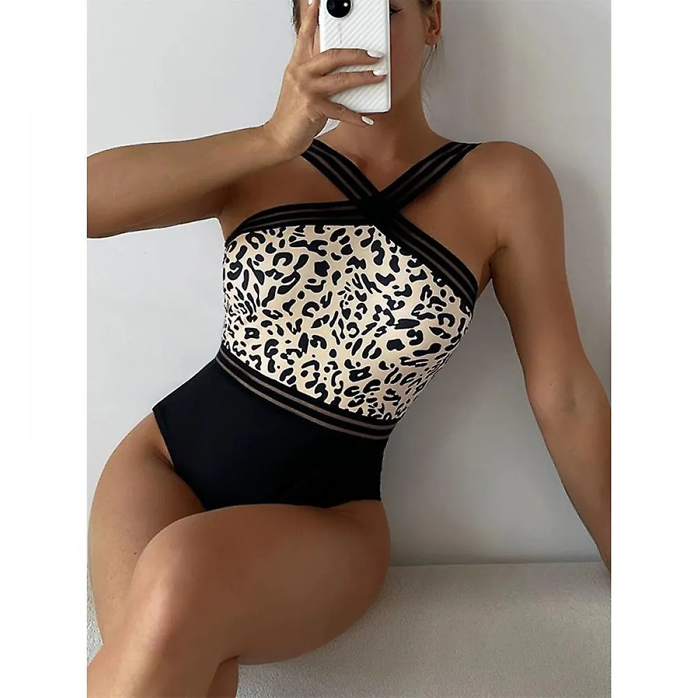 Sexy Beach Summer Backless Women's 1-piece Leopard High-waisted Bikini, Elastic Back Cross Rope, Sling (M)