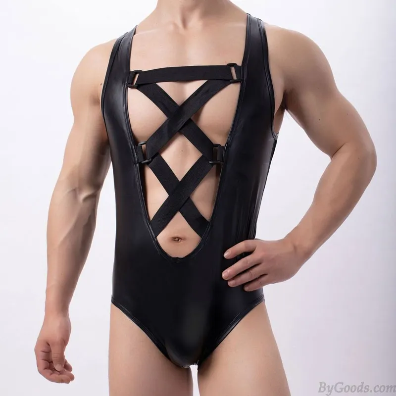 Sexy Faux Leather Side Mesh Splice Criss Cross Leotard Athletic Supporter Bodysuit Jumpsuit Wrestling Sissy Men's Lingerie