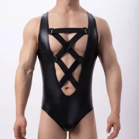 Sexy Faux Leather Side Mesh Splice Criss Cross Leotard Athletic Supporter Bodysuit Jumpsuit Wrestling Sissy Men's Lingerie