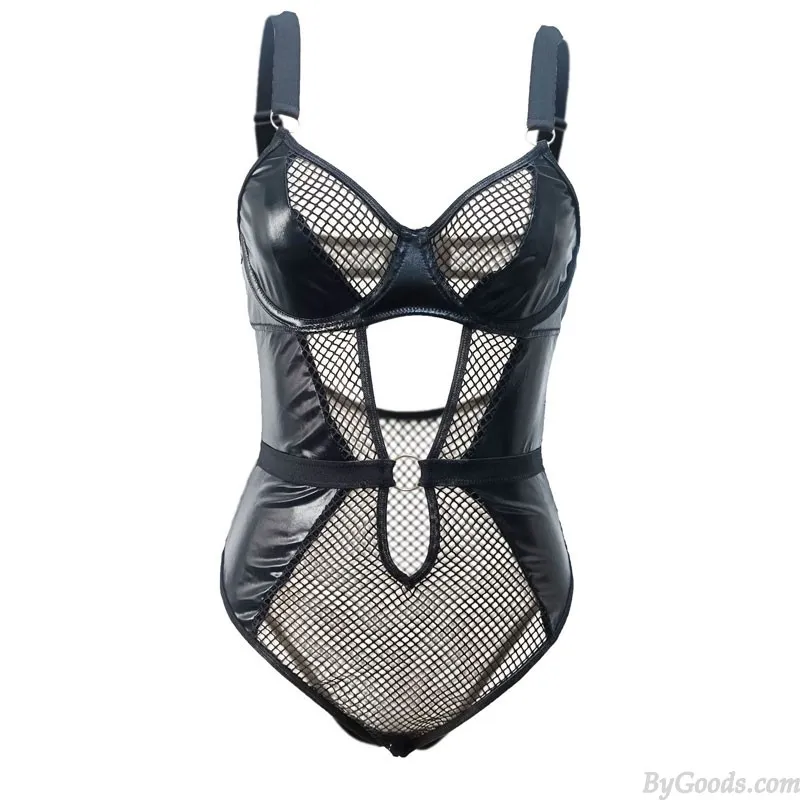 Sexy Fishnet Splice Faux Leather Corset One Piece Teddy For Women Lingerie Strap Bodysuit