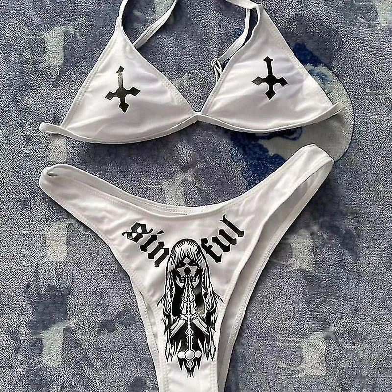 Sexy Goth Bikini Set Women Two-piece Swimsuit Cross Skull Print Y2K Bathing Suit Summer Holiday Beach Wear Bra And Brief Sets-Go