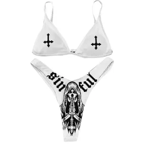 Sexy Goth Bikini Set Women Two-piece Swimsuit Cross Skull Print Y2K Bathing Suit Summer Holiday Beach Wear Bra And Brief Sets-Go