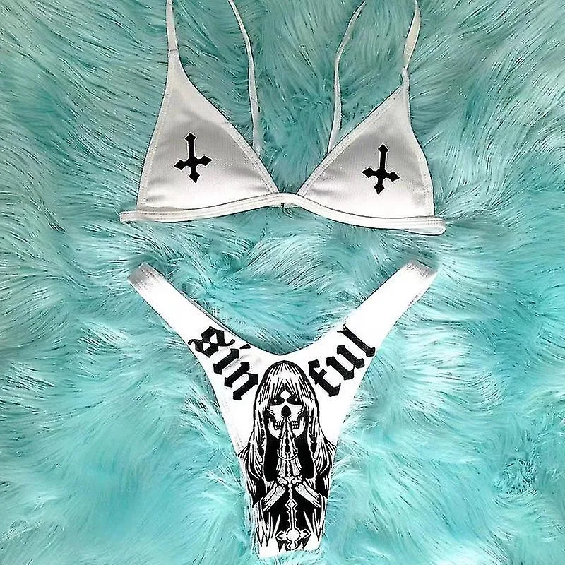 Sexy Goth Bikini Set Women Two-piece Swimsuit Cross Skull Print Y2K Bathing Suit Summer Holiday Beach Wear Bra And Brief Sets-Go