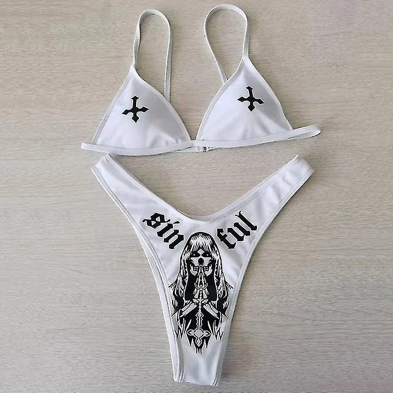 Sexy Goth Bikini Set Women Two-piece Swimsuit Cross Skull Print Y2K Bathing Suit Summer Holiday Beach Wear Bra And Brief Sets-Go