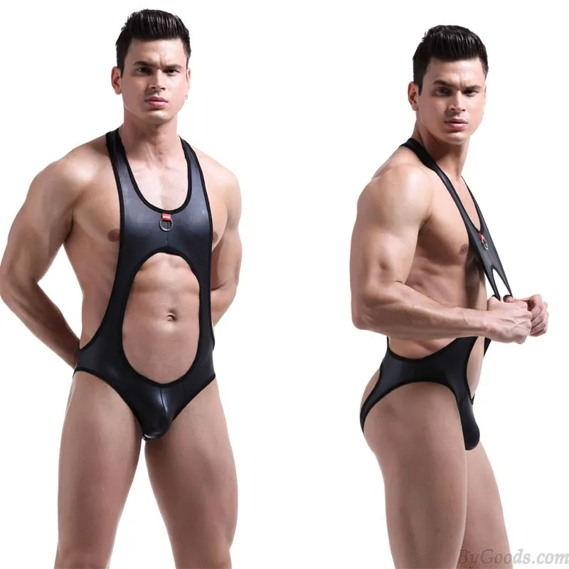 Sexy Hoop Faux Leather Bodysuit Leotard Stretch Wrestling Singlet Jumpsuit Strap One-Piece Underwear Men's Lingerie