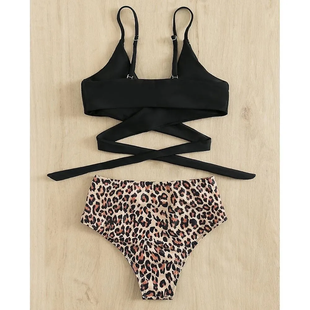 Sexy Leopard Spot, V-neck Bikini with Cross-tie Rope, High Waist Split Sling Swimsuit, Suitable for Spa, Vacation(M)