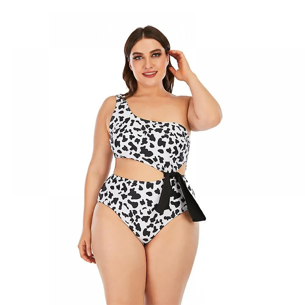 Sexy Oversize 1-shoulder Leopard High-waist 1-piece Bikini, Hollow Out, Black Rope Decoration, for Holiday, Spa (XL)