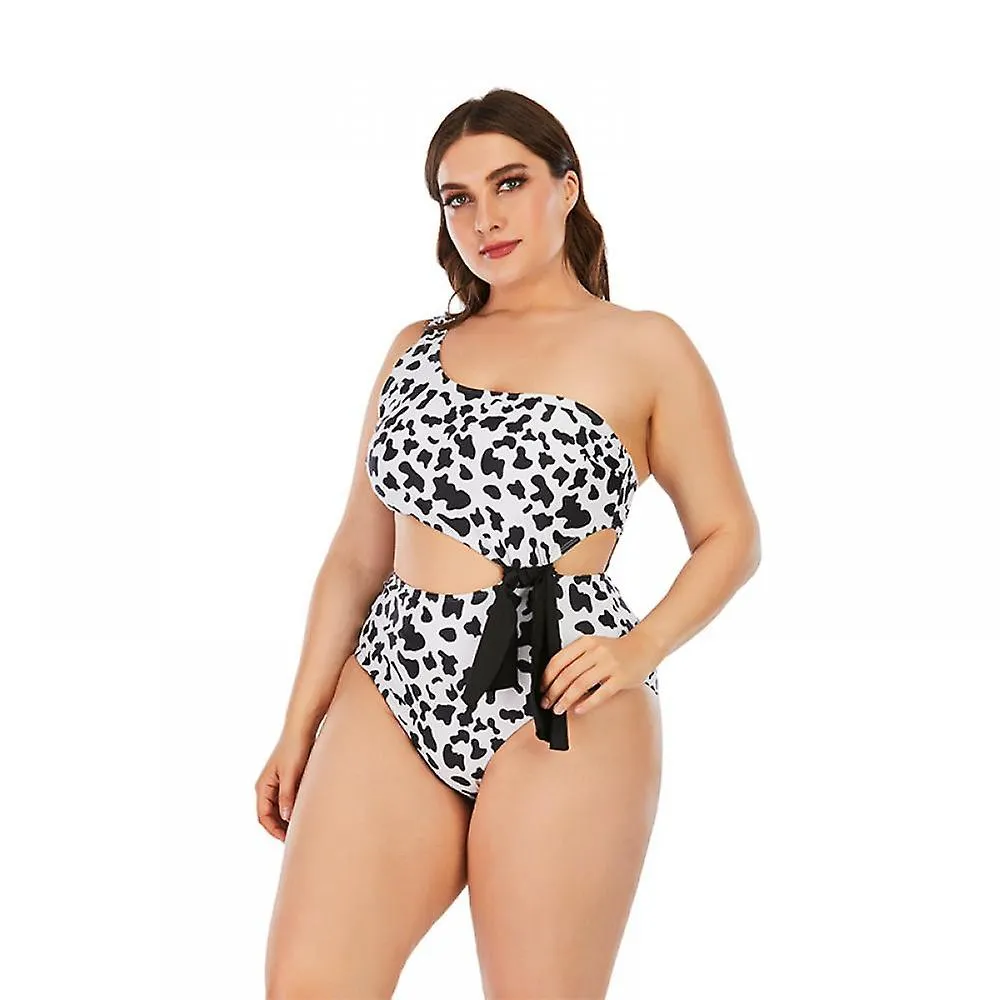 Sexy Oversize 1-shoulder Leopard High-waist 1-piece Bikini, Hollow Out, Black Rope Decoration, for Holiday, Spa (XL)