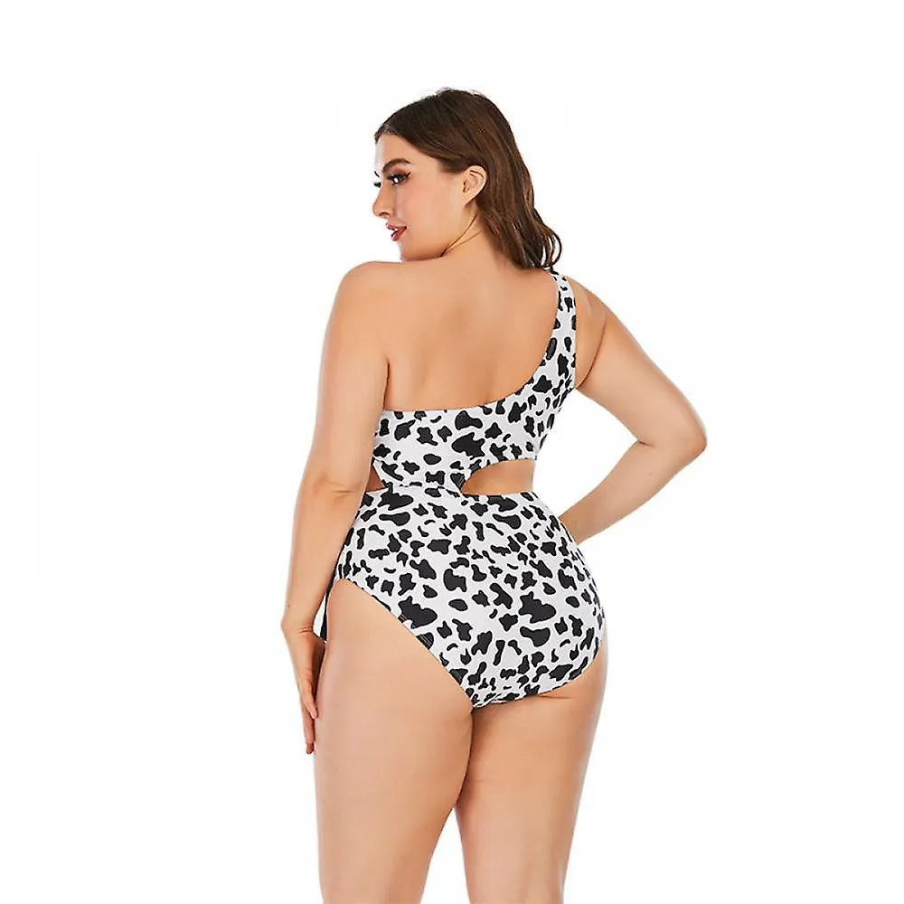 Sexy Oversize 1-shoulder Leopard High-waist 1-piece Bikini, Hollow Out, Black Rope Decoration, for Holiday, Spa (XL)