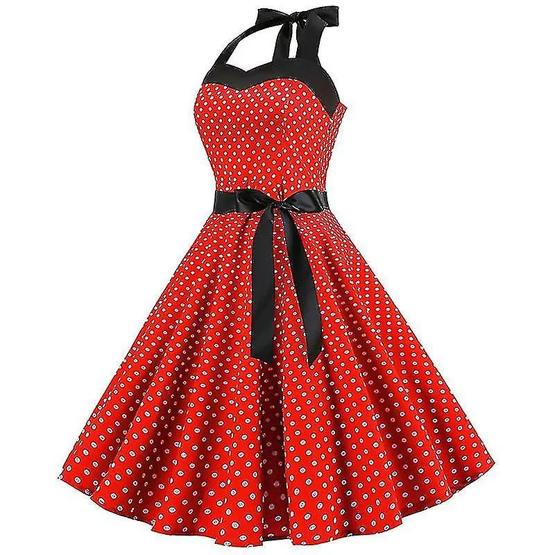 Sexy Retro Rojo Vestido De Lunares Audrey Hepburn Vintage Halter Vestido Años 50 60 Gótico Pin Up Rockabilly 