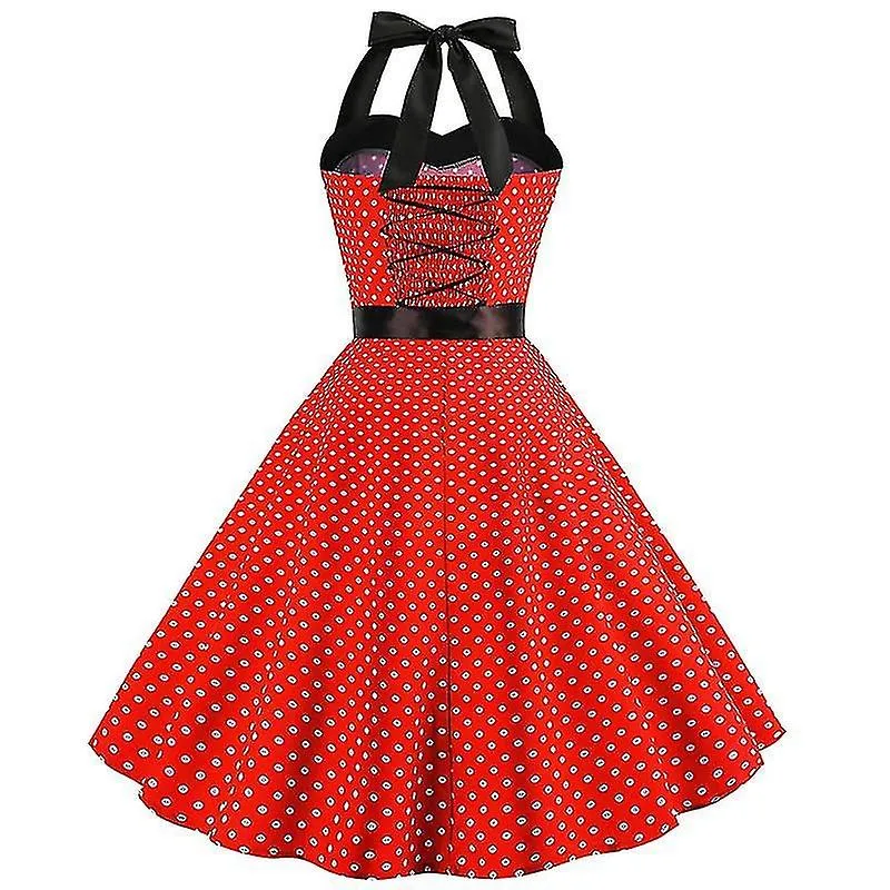 Sexy Retro Rojo Vestido De Lunares Audrey Hepburn Vintage Halter Vestido Años 50 60 Gótico Pin Up Rockabilly 