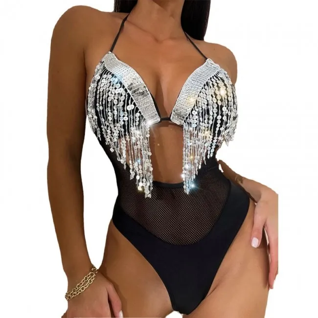 Sexy Tassel Sequin Mesh Swimsuits Beach Retro Bathing Suit Bodysuit Strap Teddy Swimwear Women's Bikini 