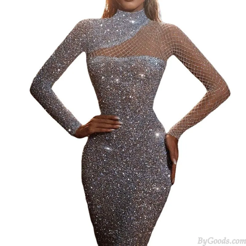 Sparkly Irregular Sequin Hollow Sheer Long Sleeve Evening Gown Formal Prom Cocktail Party Maxi Bodycon Slim Dress
