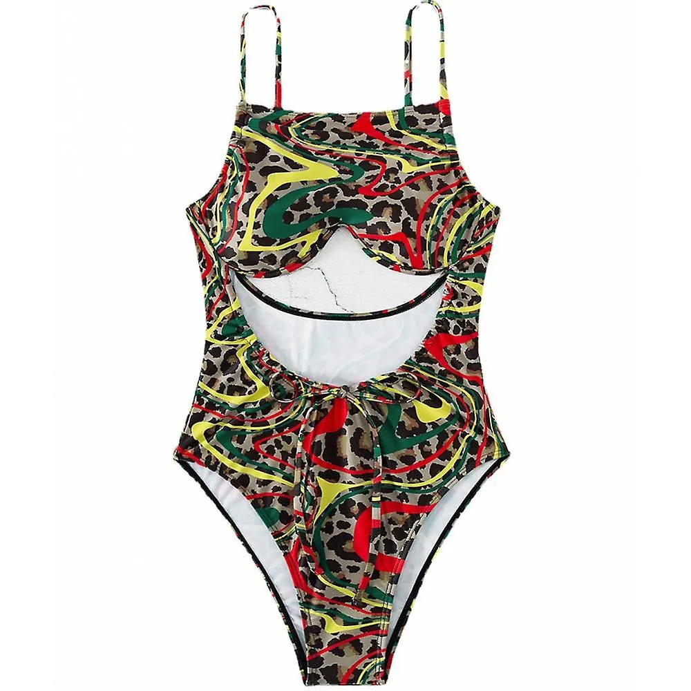 Stylish Color Matching Bikini, Leopard Print Bandage 1-piece Swimsuit, Waistcoat Line Hollow Drawcord Design (S)