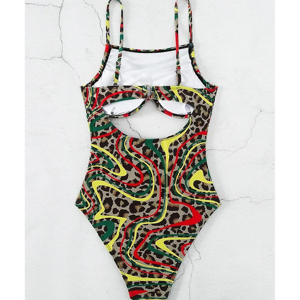 Stylish Color Matching Bikini, Leopard Print Bandage 1-piece Swimsuit, Waistcoat Line Hollow Drawcord Design (S)