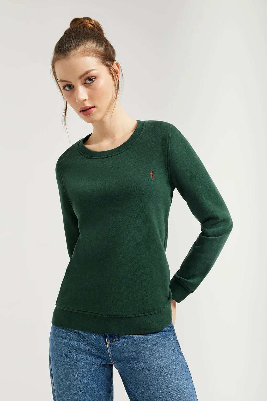 Sudadera básica verde botella de cuello redondo y logo Rigby Go