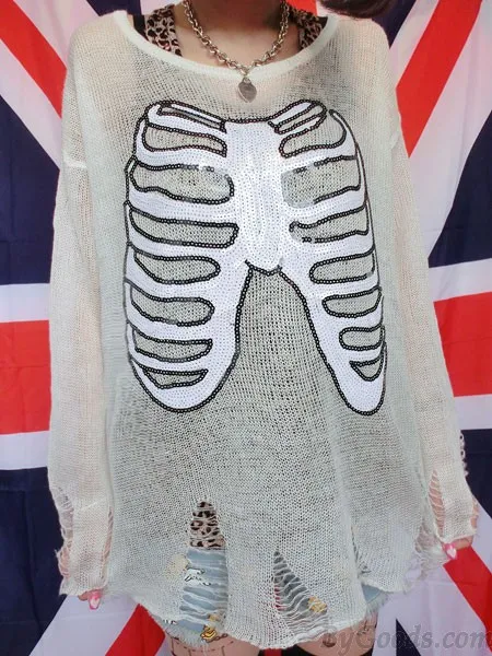 Unique Skull Skeleton Sequined Hollow Out Sleeve Sweater