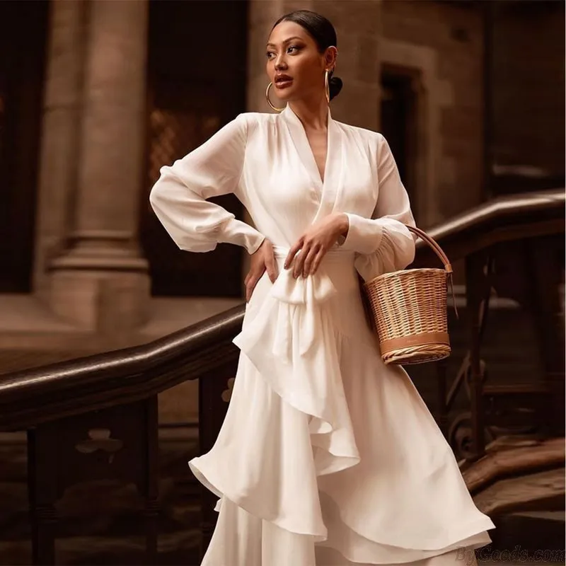 Unique Three Layers Irregular Ruffles V-Neck Long Sleeve Swing Dress Party Maxi Summer Women's Dress