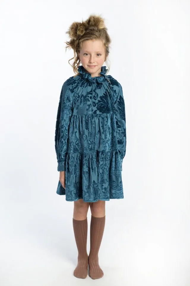Vestido niña Jacquard turquesa con cuello de volante