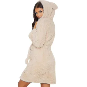 Women Warm Bathrobe With Ears Plush Hooded Nightgown Sleeve Loungewear Pajamas