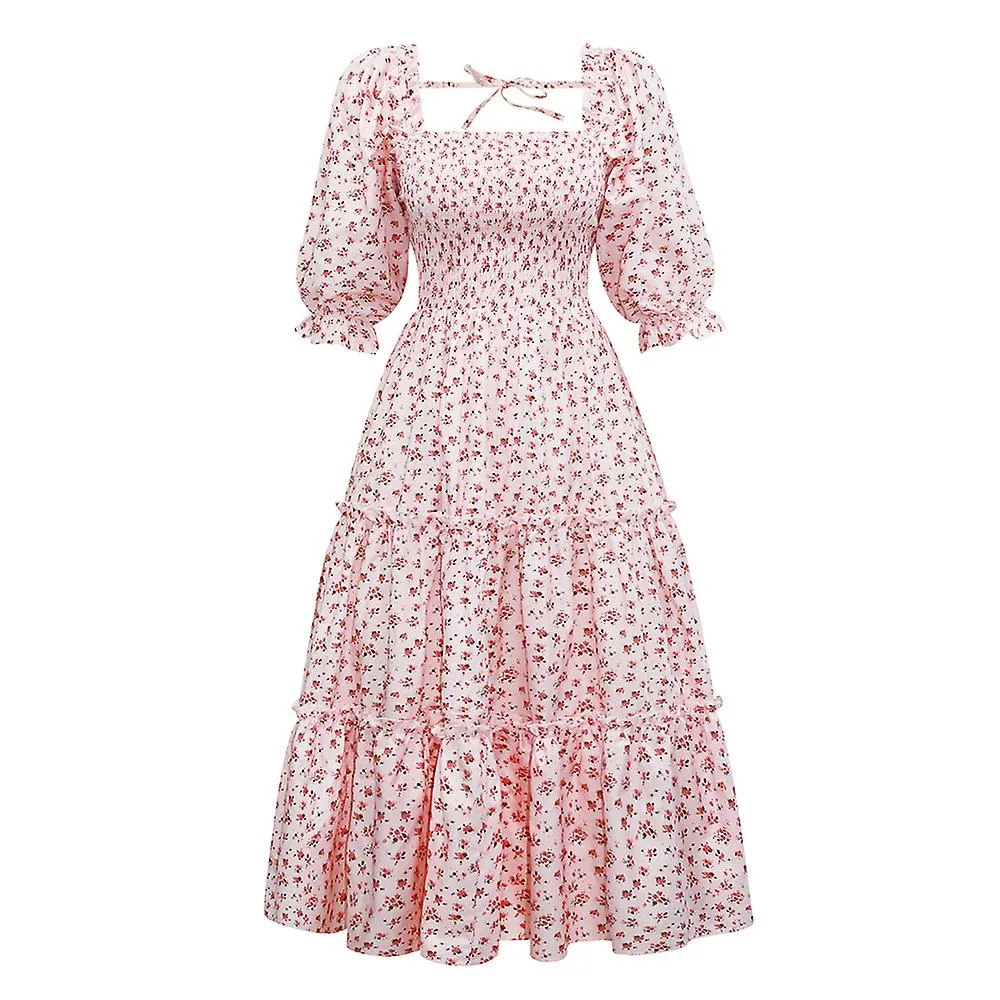 Women's Floral Dresses Backless Swing Dress Short-sleeve Round-neck Long Dress