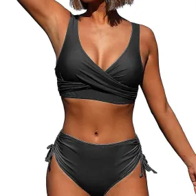 Women's Normal Swimwear Bikini 2 Piece Swimsuit Pleated 2 Piece High Waist Open Back Sexy Pure Color V Wire Vacation Stylish