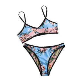 Women's Retro Sexy Bikini, Double-sided Printed Mid-waist Suspenders, Backless Swimsuit, Blue Pink (L)